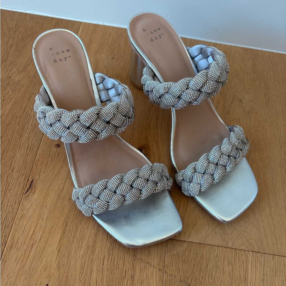 A New Day Metallic Braided Heels size 10 fit like 9.5